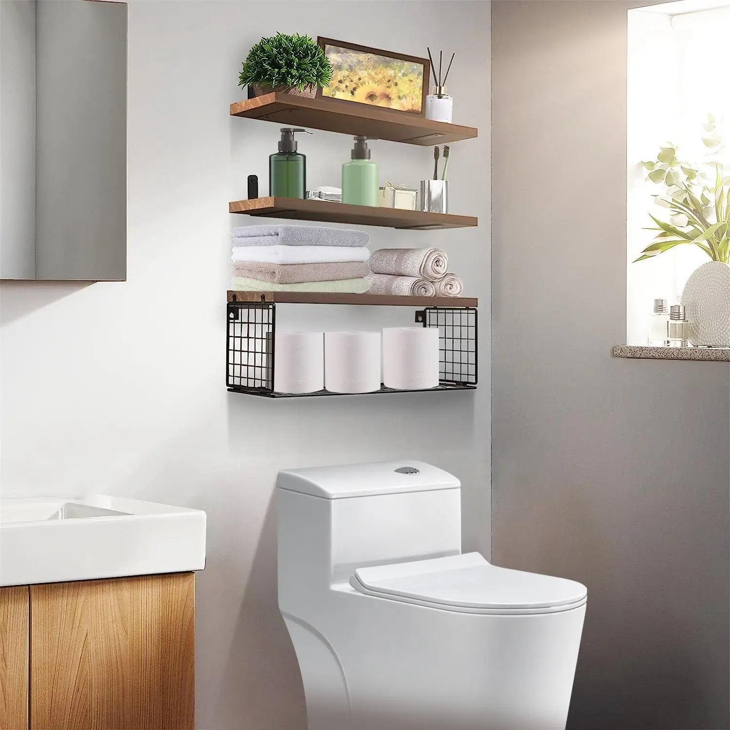 2‑in‑1 Floating Wall Shelf with Storage Basket – Bathroom & Home Organizer - ZHUASH