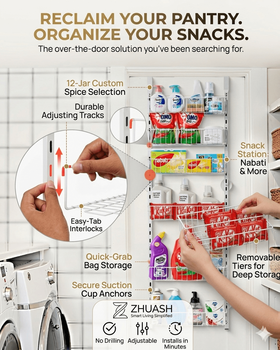 6 - Tier Over The Door Pantry Organizer Hanging Storage Rack Adjustable Kitchen - ZHUASH